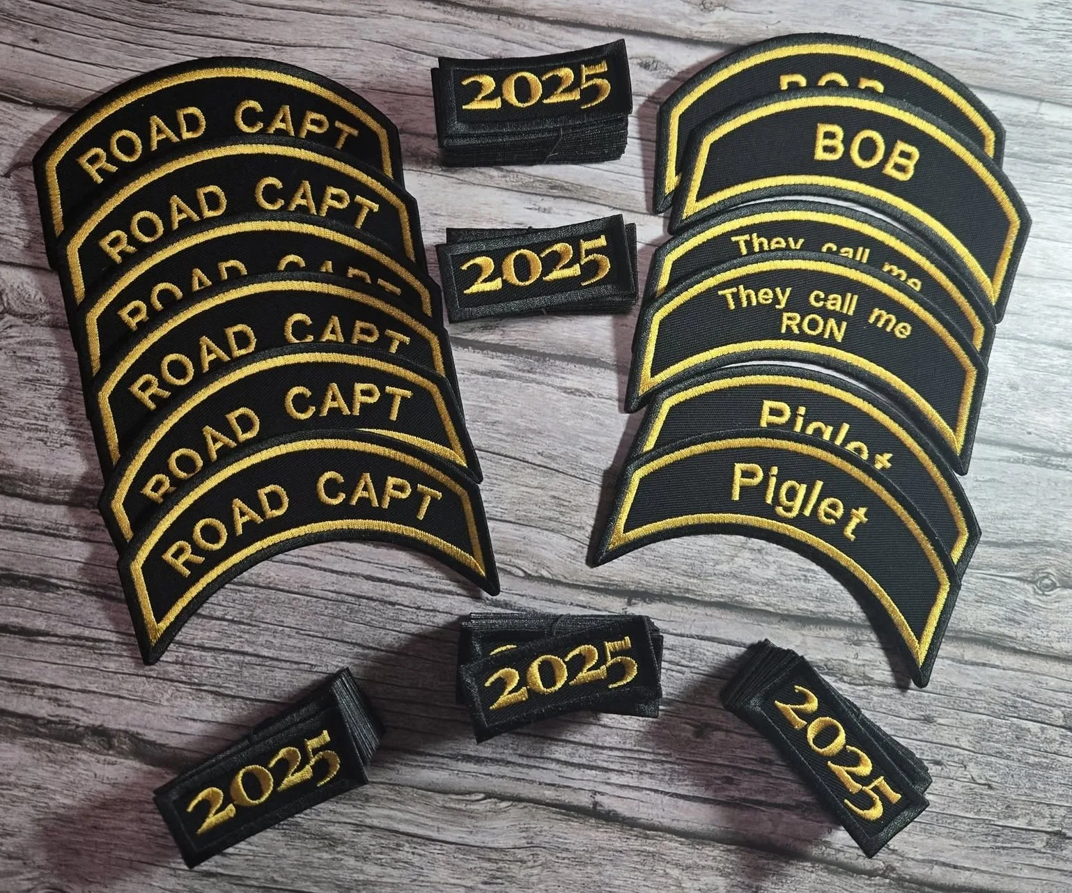 New road captain patches and custom rockers in Gold